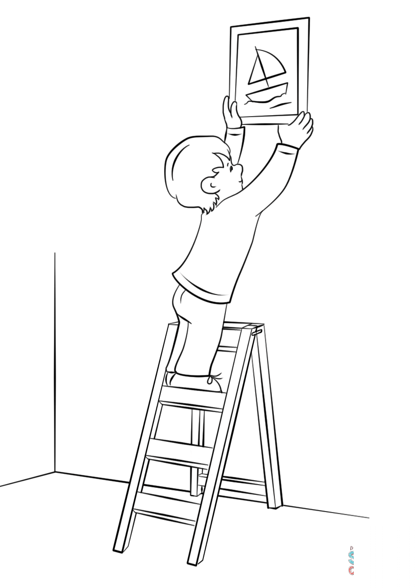 Boy Hanging Picture on a Wall with...