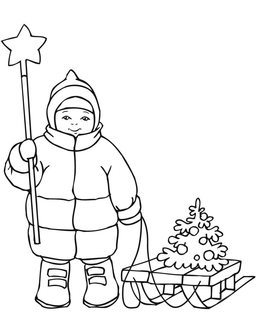Cute Boy with Christmas Star and Sled
