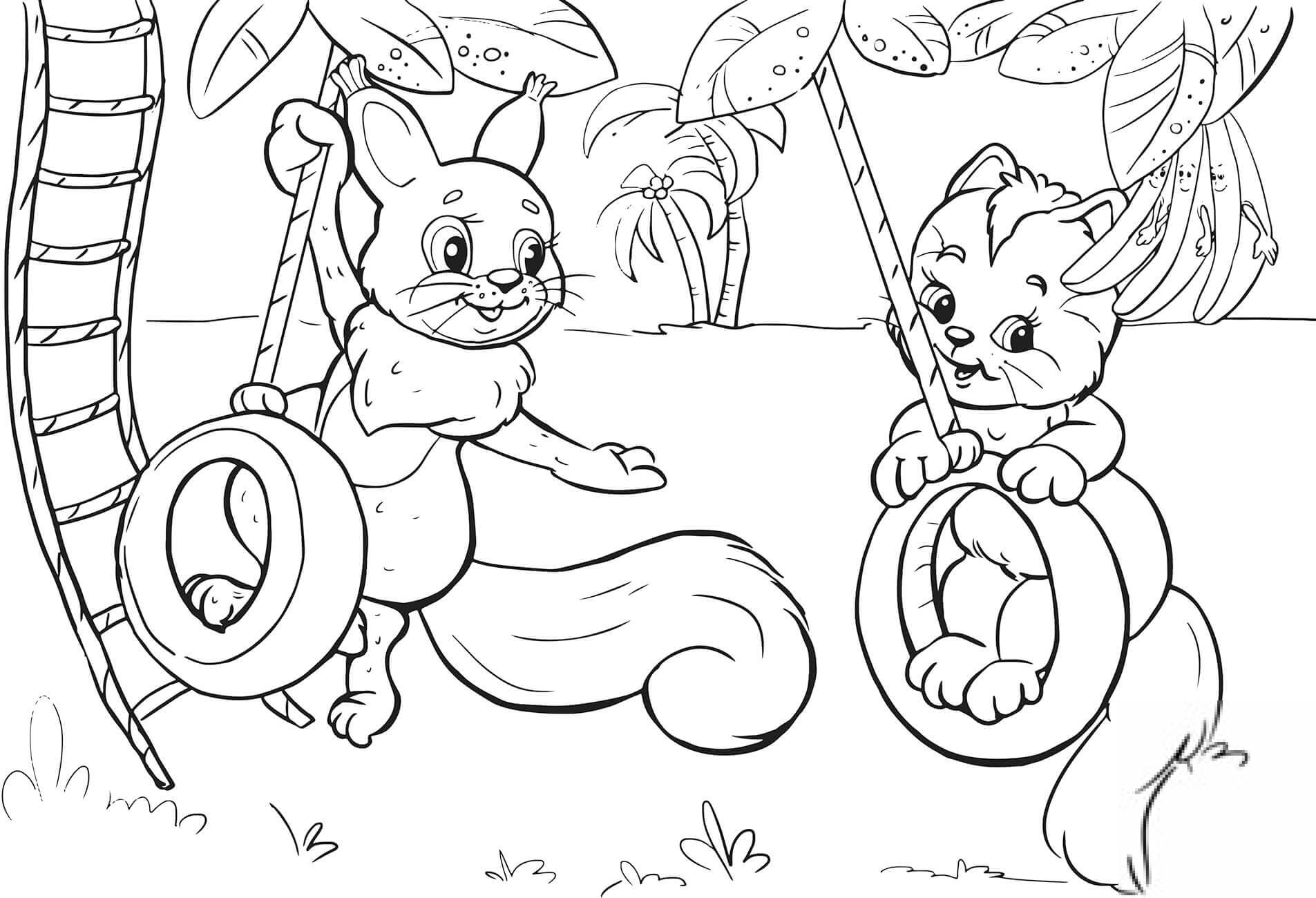 Squirrel and Cat Swinging on Tire...