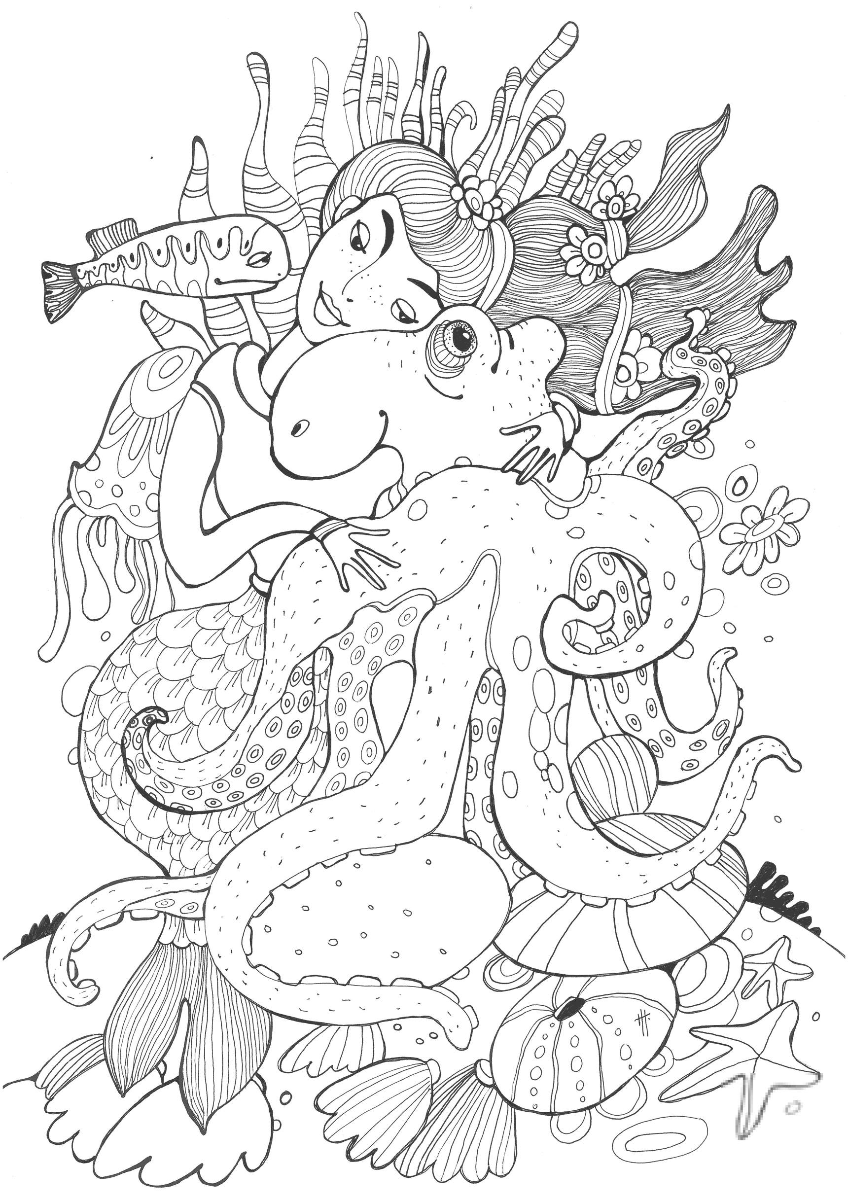Cute Octopus and Mermaid