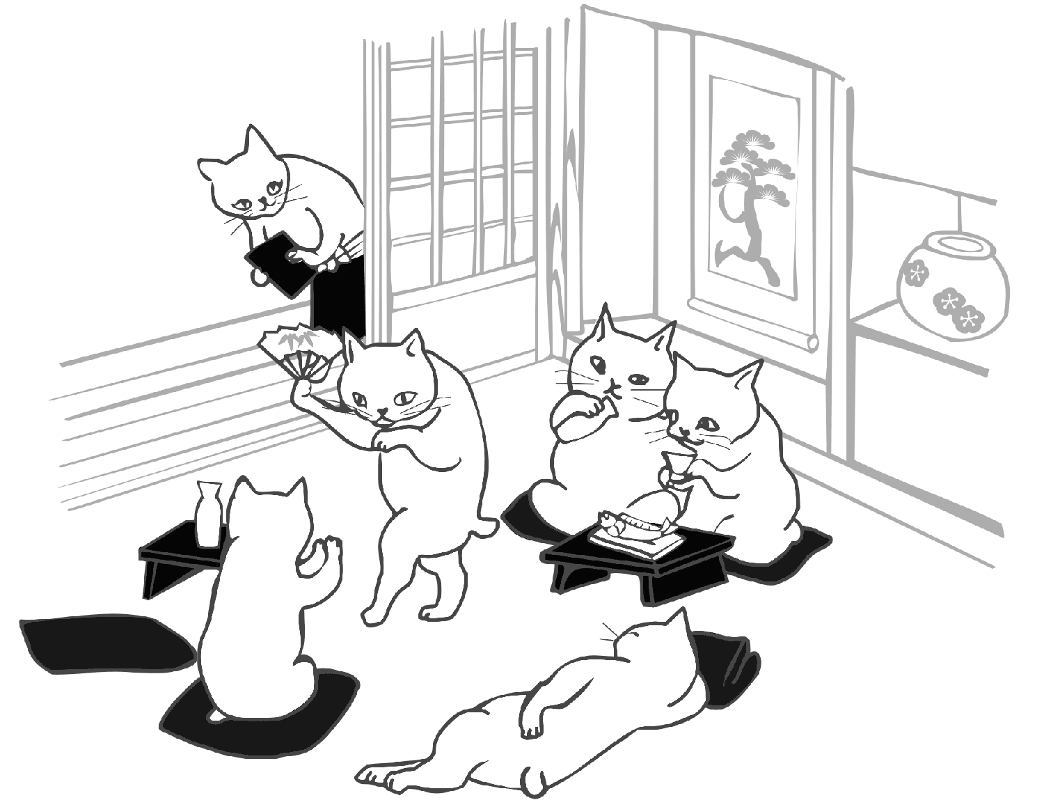 Cats Have a Party in Japanese Style