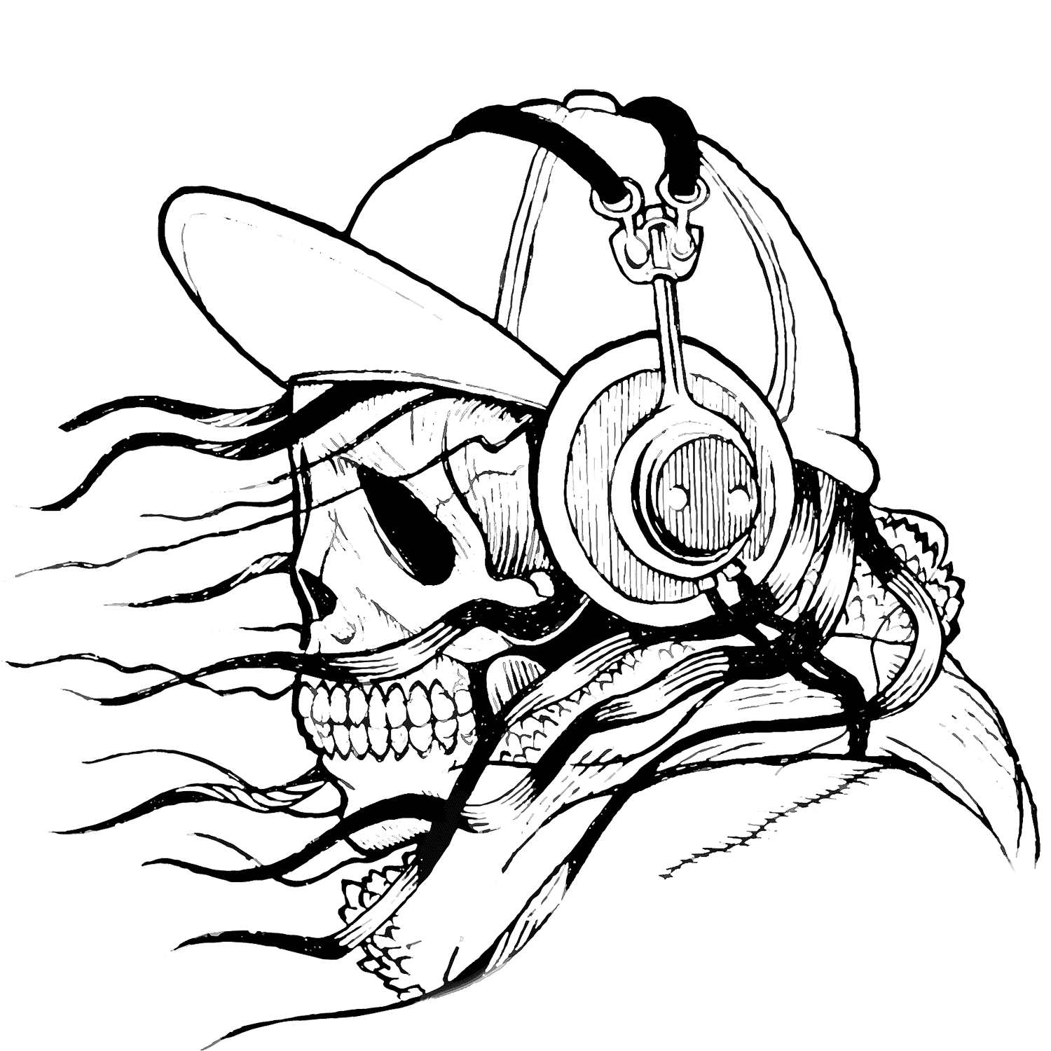 Skull in Cap and Headphones