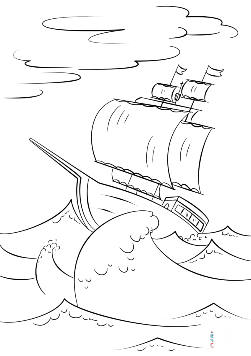 Sailing Ship on Huge Ocean Waves