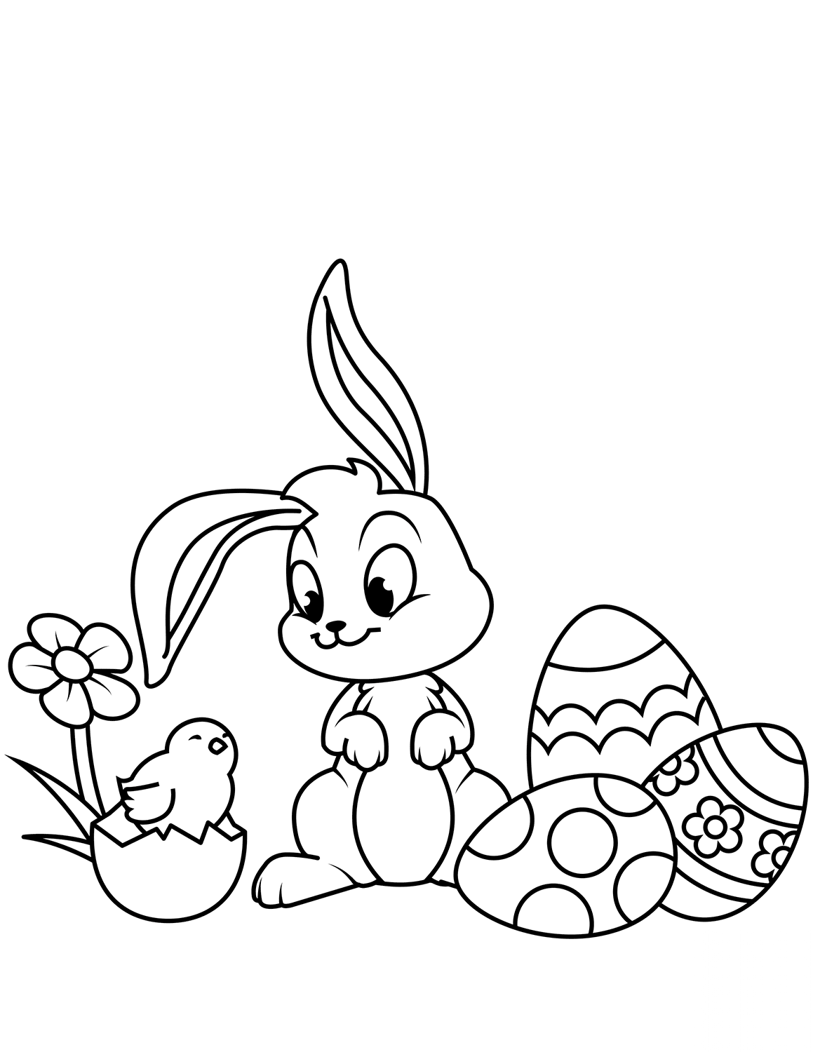 Cute Easter Chick, Bunny and Eggs