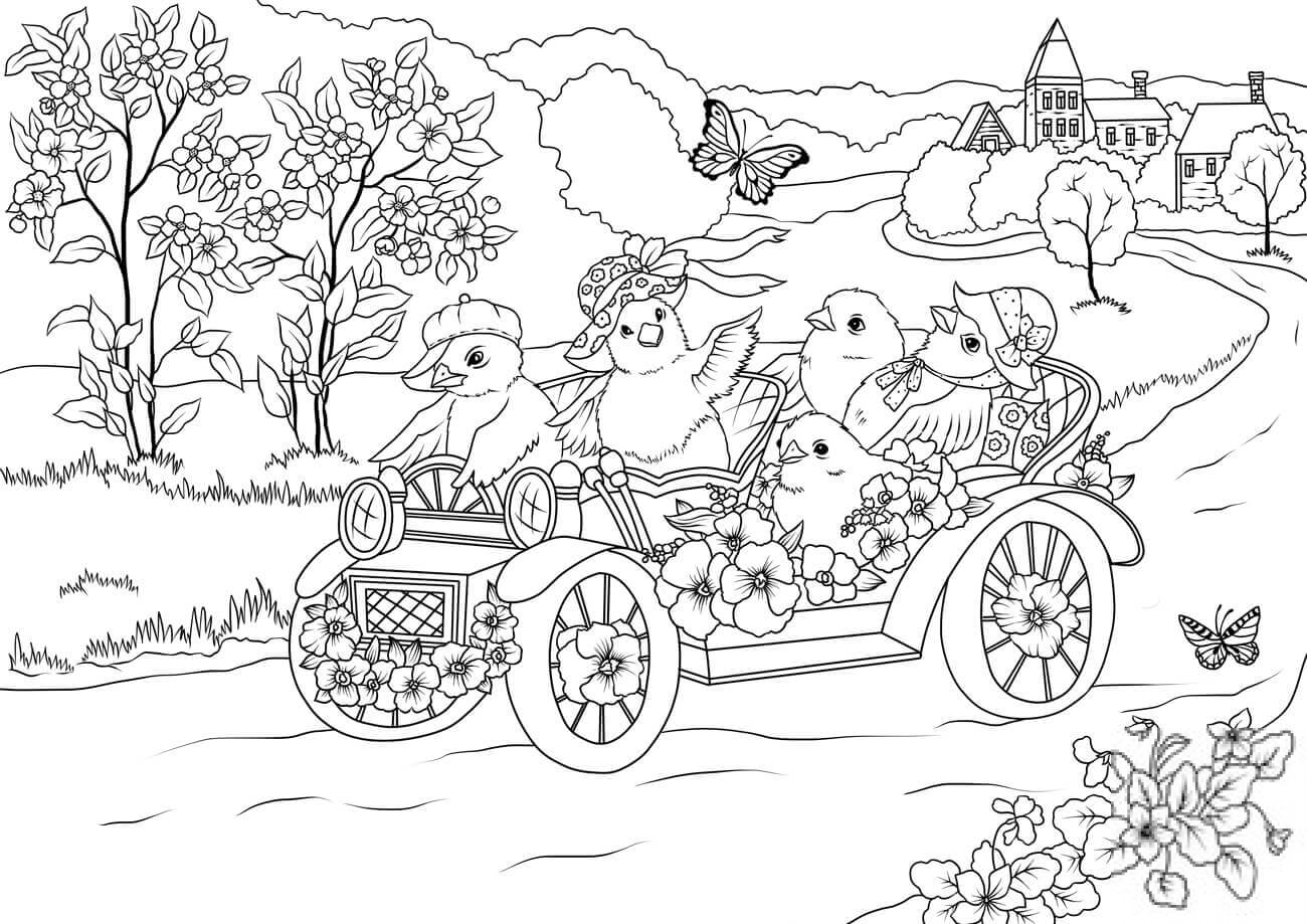 Easter Chickens in the Retro Car...