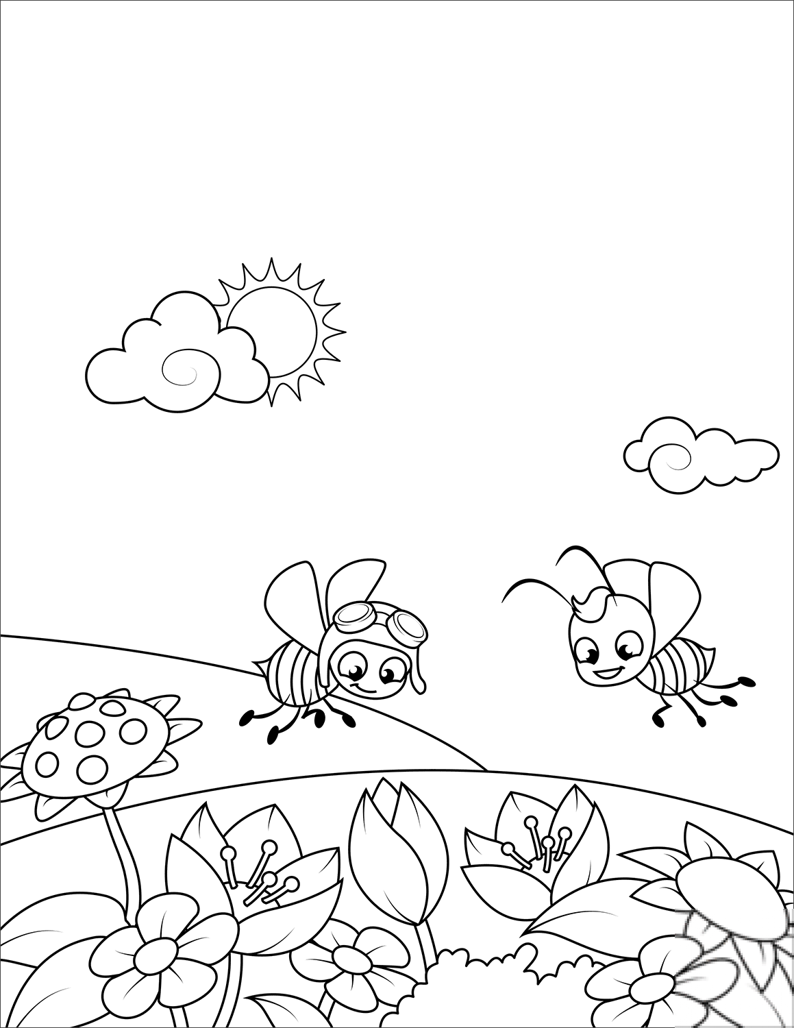 Two Bees Fly over a Flowering Meadow