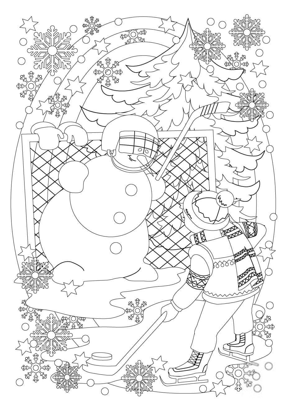 A Boy and a Snowman Play Hockey